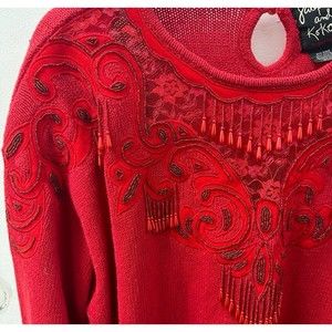 Vintage deep goth red lace beaded sweater blouse top plus size Jaque Koko 22/24
